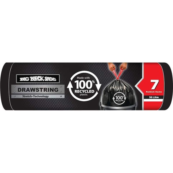Big Black Sacks Rubbish Bags 100% Recycled Drawstring 56l 7pack Carousel 1
