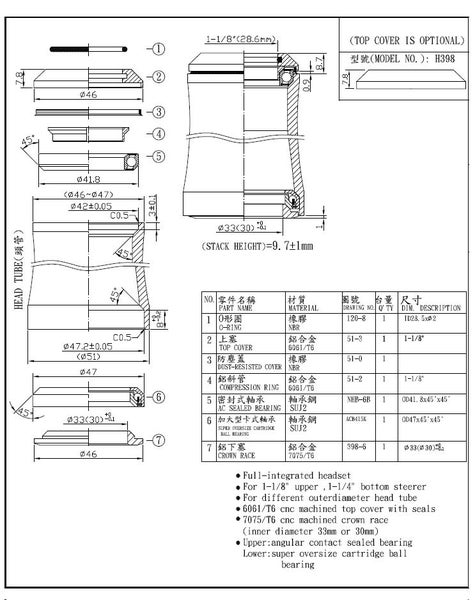 Neco Headset H398- 1/4” Head Tube Reduced to 1-1/8" Fork Tube Threadless Headset Carousel 3