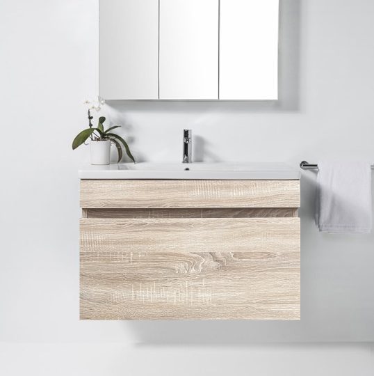 750mm Plywood Wall Hung Single Drawer Vanity - White Oak Carousel 1