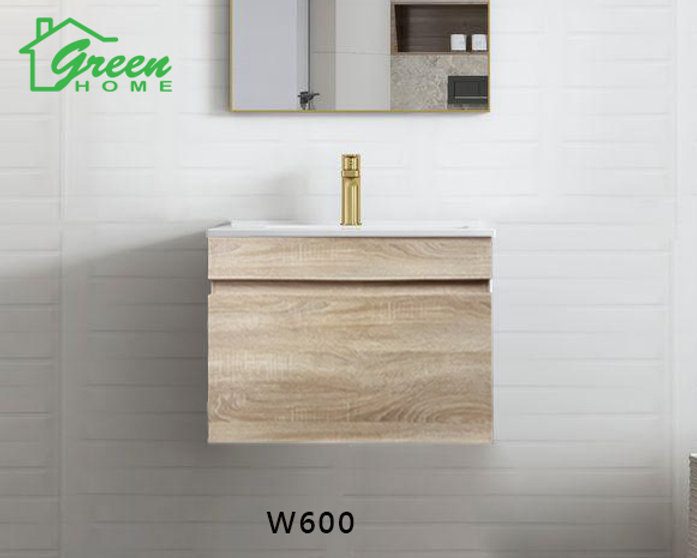 600mm Plywood Wall Hung Single Drawer Vanity - White Oak Carousel 1