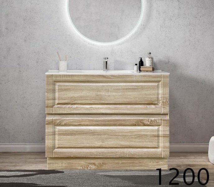 1200mm Single Basin Dual Drawer Floor Standing Vanity - White Oak Carousel 1
