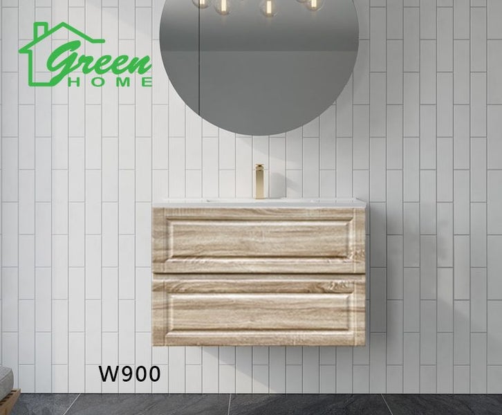 900mm Dual Drawer Wall Hung Vanity - White Oak Carousel 1
