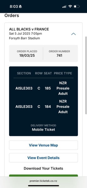 Tickets All Blacks vs France x2 DunedinROW C PRE-SALE SEATS62933728605315110