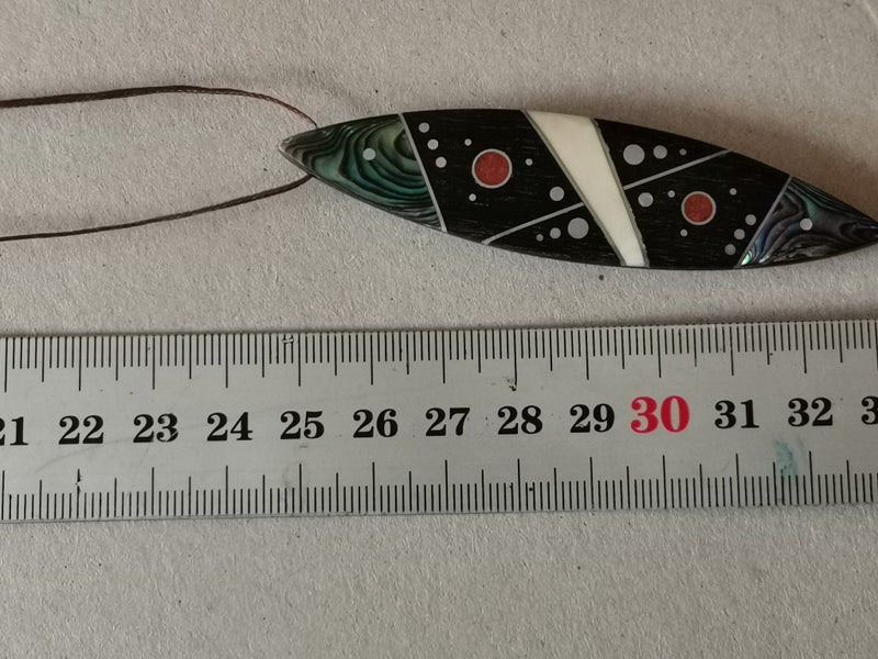 Stunning Black surfboard shaped pendant necklace w MOP paua jasper inserts Carousel 6