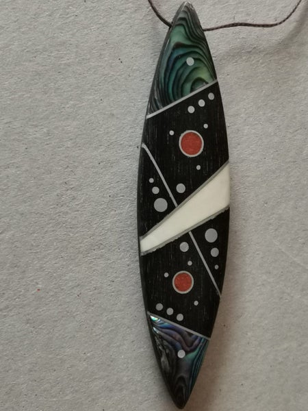Stunning Black surfboard shaped pendant necklace w MOP paua jasper inserts Carousel 2