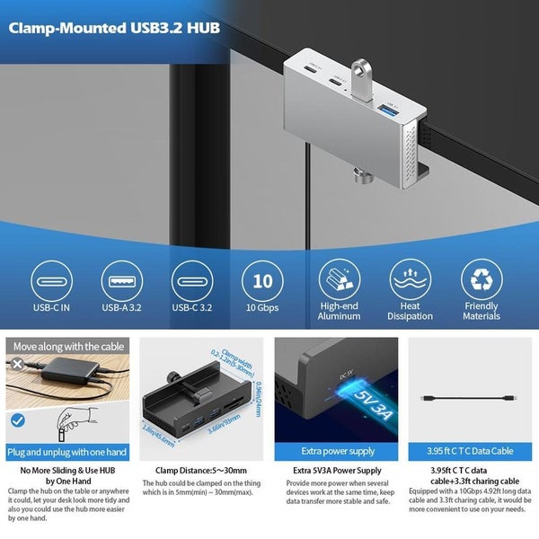 5-Port Usb3.0 Clamp Hub In Aluminum Alloy Black Carousel 2