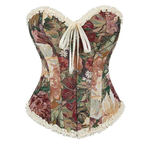 Floral Lace Trim Overbust Corset Women 1920S Retro Bustier With Boning And Fr... Carousel 1