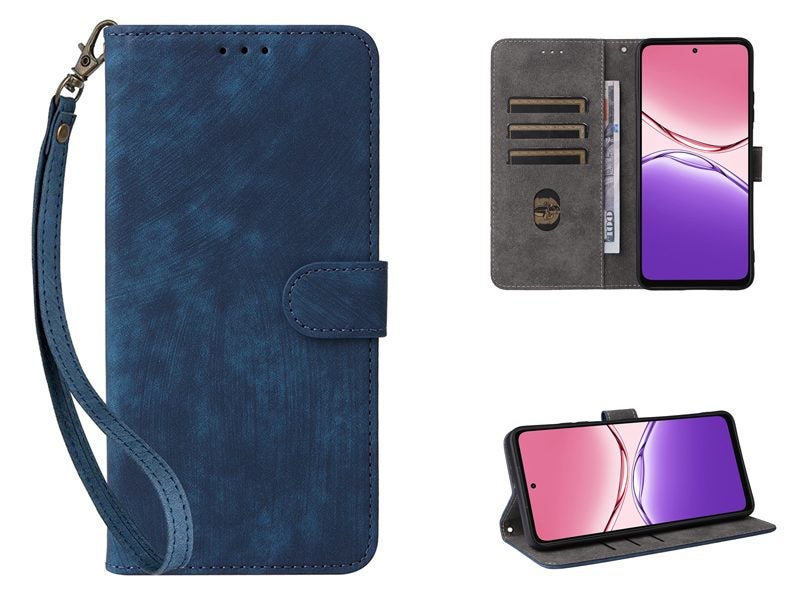 PU Leather Wallet Case Cover for OPPO A5X with Wrist Strap Blue Carousel 1