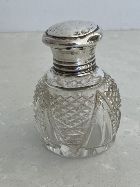Beautiful antique cut glass perfume bottle with sterling silver lid- London 190162990729278209113