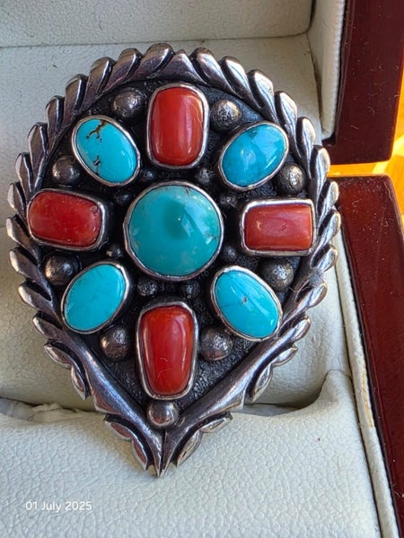 $1 Huge Navajo Zuni Turquoise & Red Coral Sterling Silver Ring 14.68gm Carousel 1
