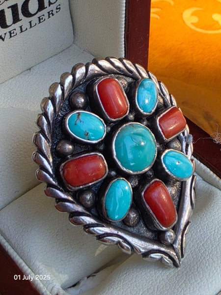 $1 Huge Navajo Zuni Turquoise & Red Coral Sterling Silver Ring 14.68gm Carousel 2