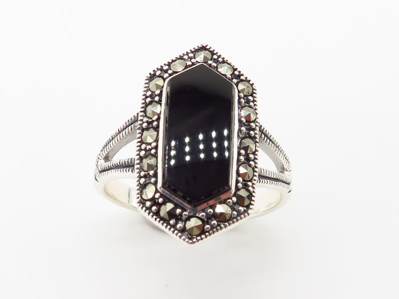 Silver Marcasite & Black Onyx Ring (R049) Carousel 1