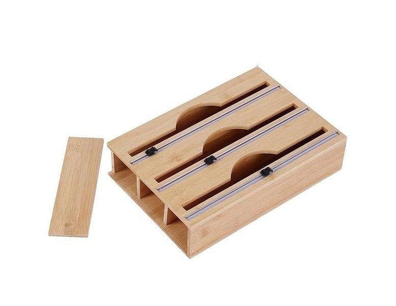 Bamboo Food Wrap Dispenser Cutter Foil Cling Film Storage Holder Box Kitchen Carousel 1