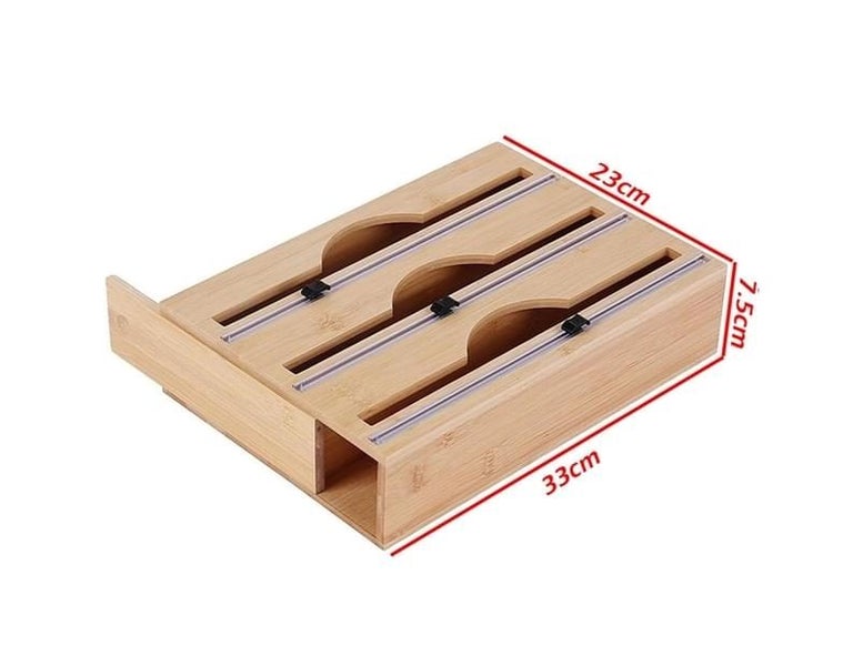 Bamboo Food Wrap Dispenser Cutter Foil Cling Film Storage Holder Box Kitchen Carousel 2