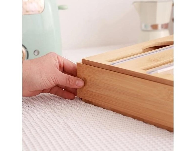 Bamboo Food Wrap Dispenser Cutter Foil Cling Film Storage Holder Box Kitchen Carousel 6