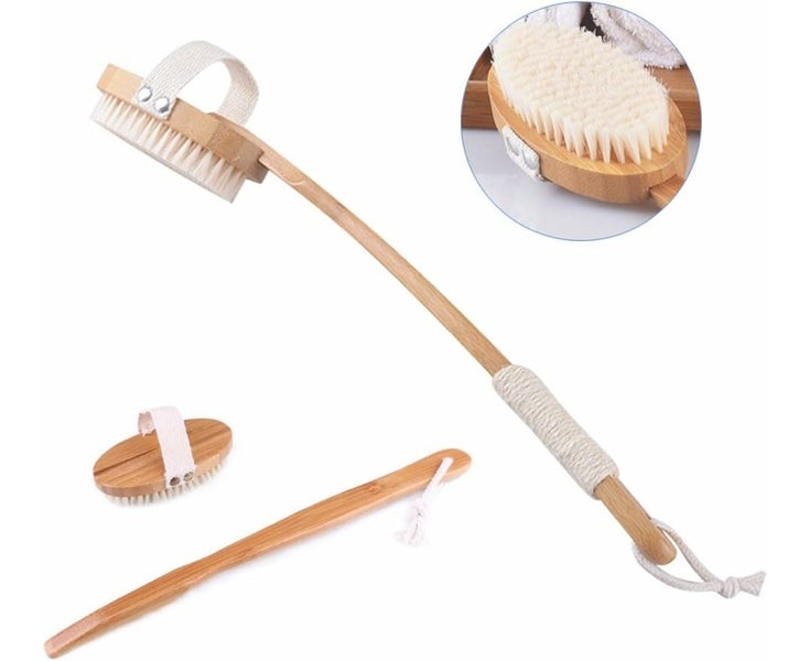 Back Bath Brush with Long Bamboo Handle Back Body Scrubber Exfoliates Dry Ski Carousel 1