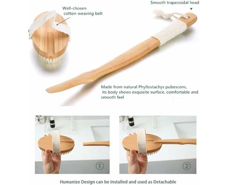 Back Bath Brush with Long Bamboo Handle Back Body Scrubber Exfoliates Dry Ski Carousel 2