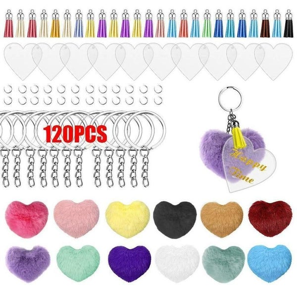 120pcs Acrylic Blank Keychain Pendant Tassels Discs Pom Poms DIY Set Carousel 1