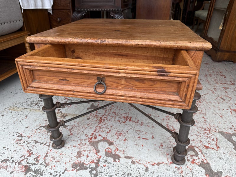 Rustic Solid Teak Side Table on Heavy Wrought Iron Base Carousel 2