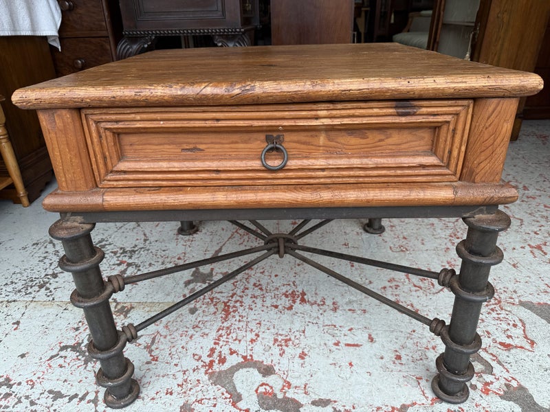 $1 RESERVE Rustic Solid Teak Side Table on Heavy Wrought Iron Base Carousel 1