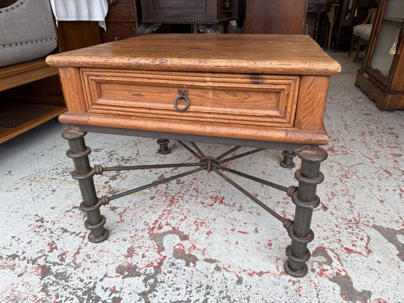 Rustic Solid Teak Side Table on Heavy Wrought Iron Base Carousel 1