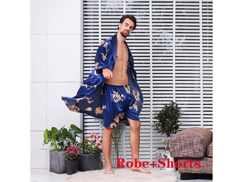 Large Size 4XL 5XL Men Satin Robe Set Dragon Print 2PCS Sleepwear Silky Nighty Carousel 1