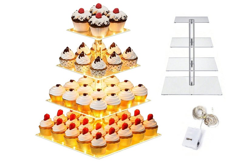 4 Tier Cupcake Stand Acrylic Tower Display with LED Light Holder for Party Decor Carousel 1