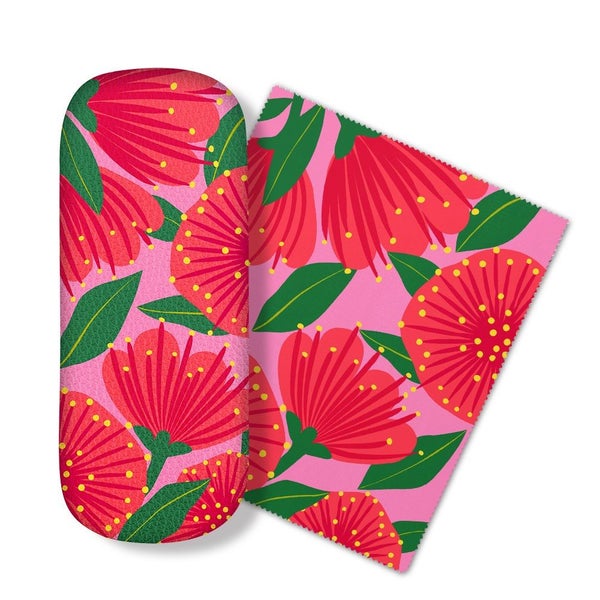 Glasses Case and Lens Cloth Set - Pink Botanical Pohutukawa Carousel 1