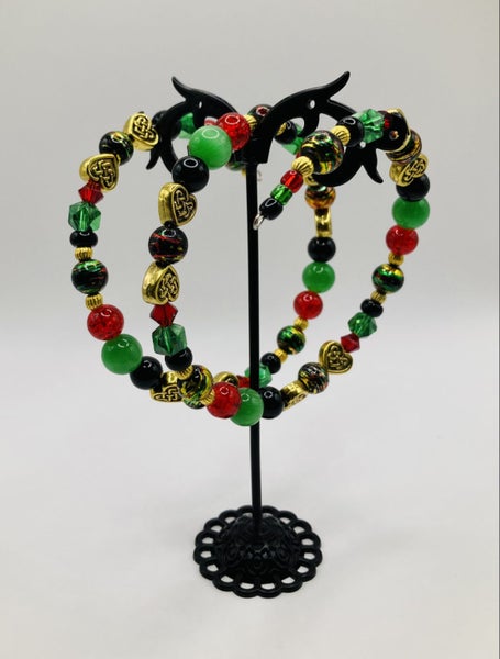 "One Love" Jamaica Bracelet & Earrings Set – Handmade, Memory Wire, Bold Beads Carousel 1