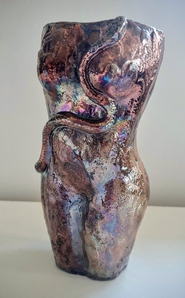 Eve with Snake in Raku Copper Penny ceramic vessel NZ Art Carousel 8