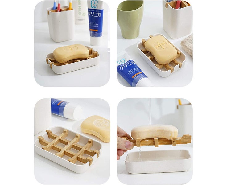 Durable Bamboo Soap Dish with Drip Tray for Bathroom Soap (Black) Carousel 2