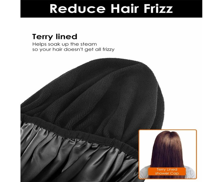 1PC Shower Cap Terry Cloth Lined EVA Exterior Reusable Triple Layer Black Carousel 2