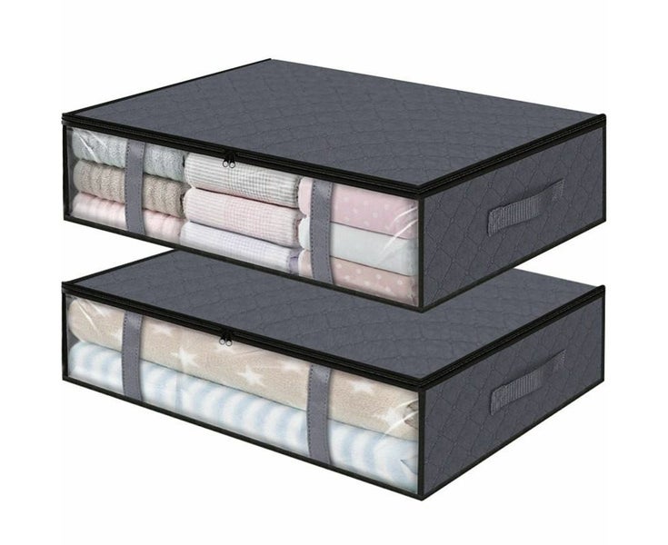 2 PCS Gray Bins Clothes Foldable Blanket Bags Under Bed Space-Saving Durable Carousel 1