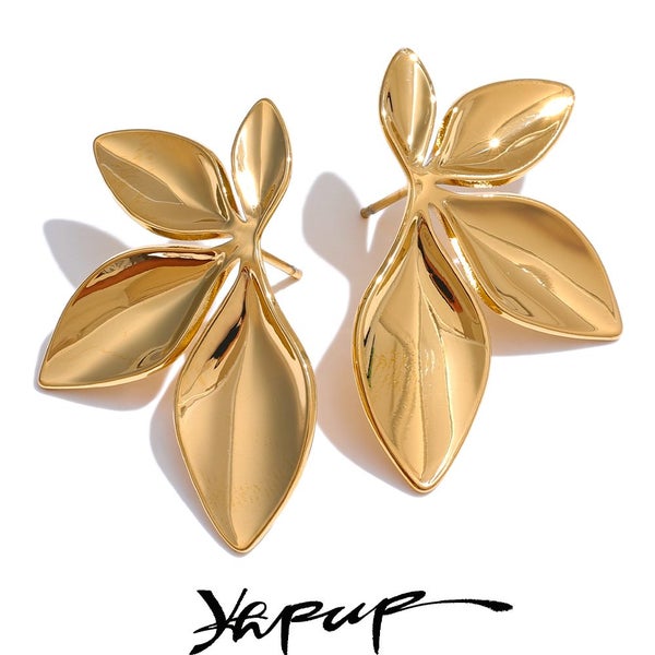 Yhpup Fashion Stainless Steel Leaves Flower Stud Earrings Bright Anti Carousel 2