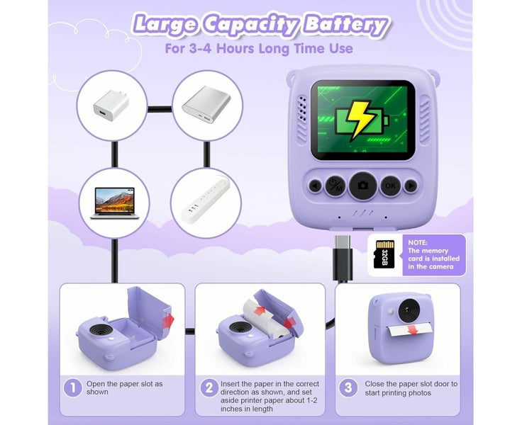 48MP Kids Instant Print Camera HD 1080P Video Selfie Digital Camera +32GB Carousel 7