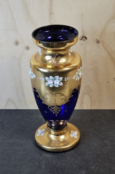 Vintage Czech Bohemian Cobalt Blue Glass & 24KT Gold Gilded Vase. Carousel 2