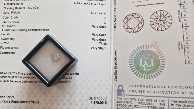 $1 RES * Valuation $7,265.00 * 1.12ct Round Large White Diamond Loose IGL CERT Carousel 1