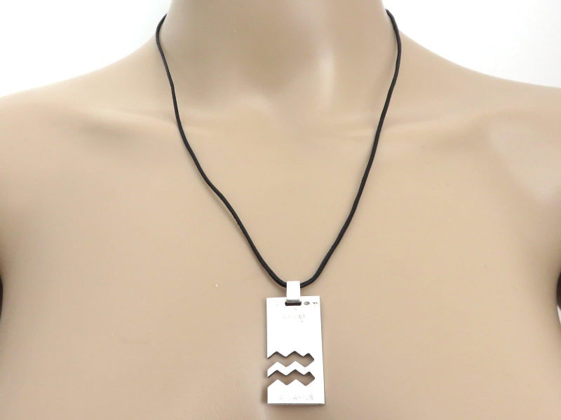 Gucci Sterling Silver Aquarius Charm Black Leather Cord Unisex Pendant Necklace Carousel 4