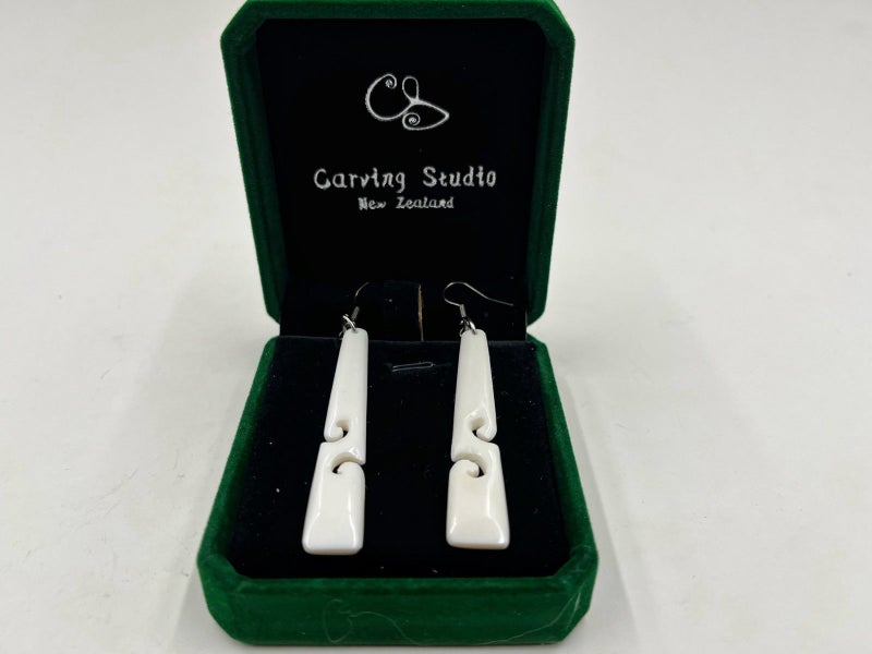 Bone Carving TOKI Long Earrings with Double Koru –Maori Style with Gift Box Carousel 2