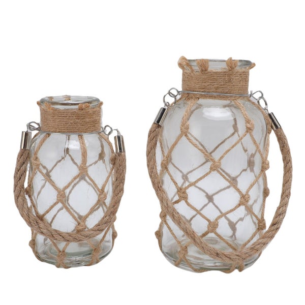 glass vase with hemp rope 2pcs Rope Net Dry Flower Glass Vase with Handle Rustic Carousel 1