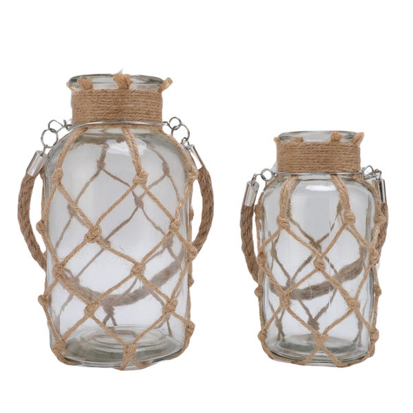 glass vase with hemp rope 2pcs Rope Net Dry Flower Glass Vase with Handle Rustic Carousel 8
