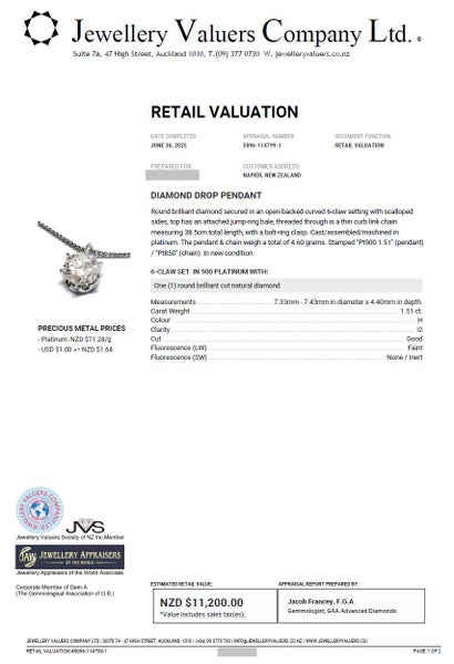 $1 RES * RRP Value $11,200.00 * 1.51ct Platinum Diamond Necklace * w/ NZ VAL Carousel 1