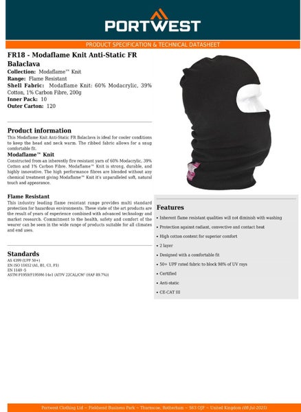 2 Pack Portwest Modaflame Knit Fire Flame Resistant Balaclava Black Head Full... Carousel 2