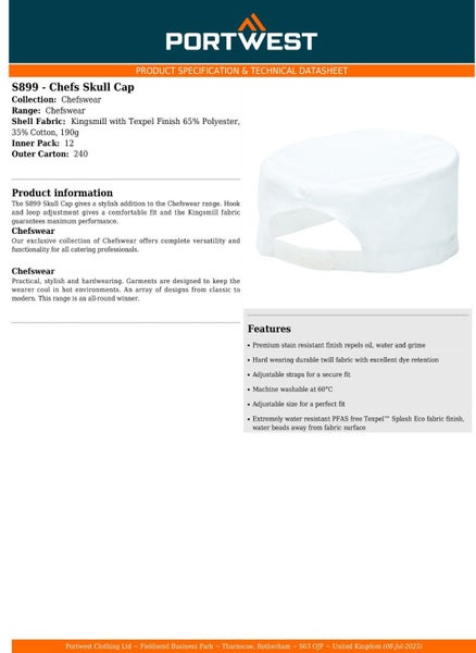 Portwest 7 Pack S899 Chefs Skull Cap Adjustable Water Resistant Hat Bulk Blac... Carousel 2