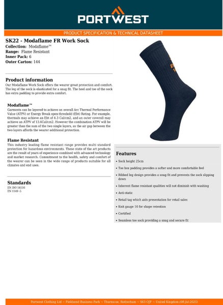 2 Pair Portwest Modaflame FR Work Safety Socks Fire Flame Resistant Calf Prot... Carousel 2