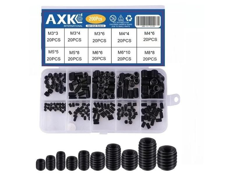 AXK 200Pcs Allen Head Socket Hex Set Grub Screw Assortment Cup Point Stainless Carousel 1