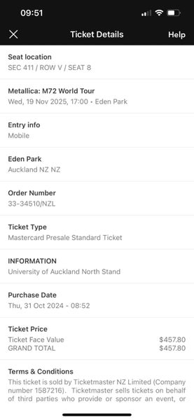 Metallica Ticket x1 to SOLD OUT Auckland show. Seated Ticket.63004014863490113