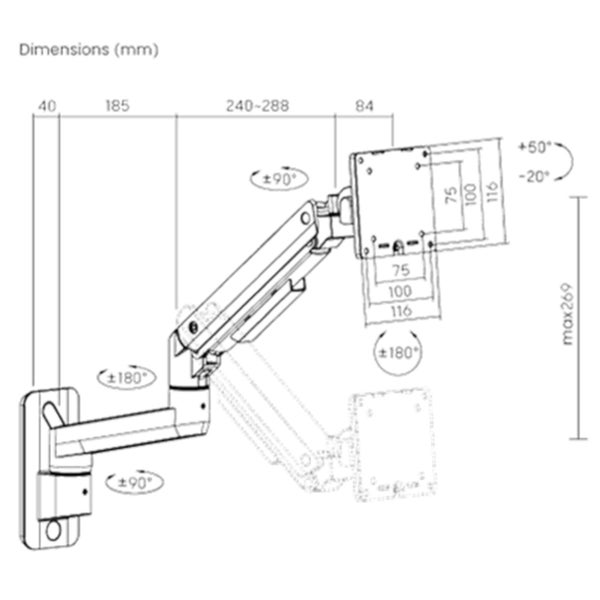 KONIC Heavy-Duty Gas Spring Monitor Wall Mount - Fits Screen up to 17"-49" - Carousel 2