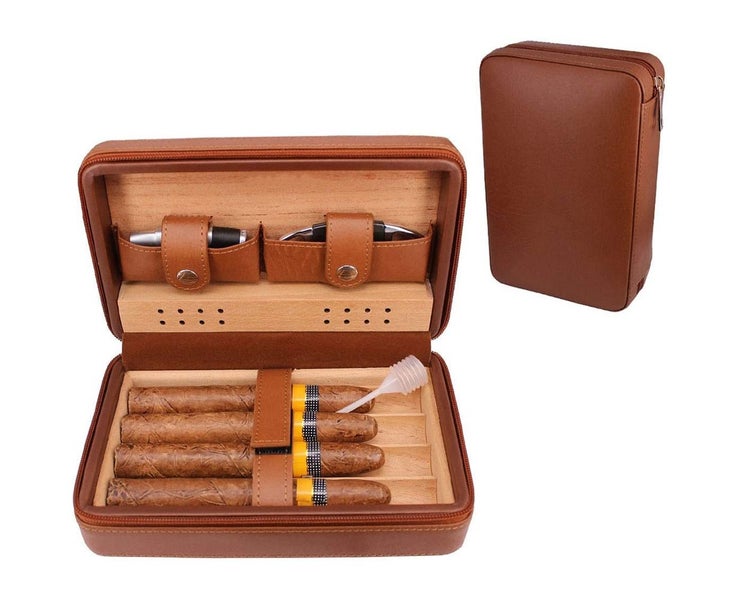 Cedar Wood Travel Portable Leather Cigar Humidor Case