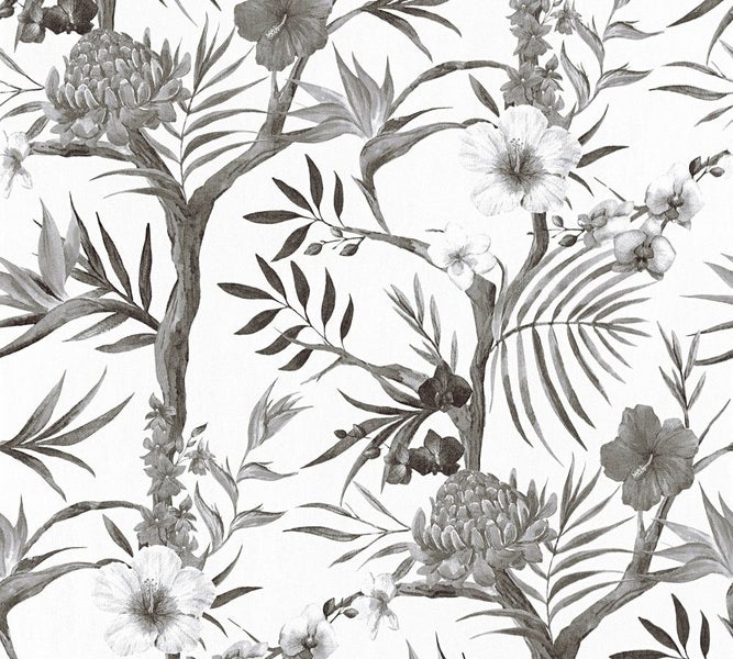 Wallpaper. Tropical Flowers - Black & White. 2 roll bundle. PTW. Carousel 1